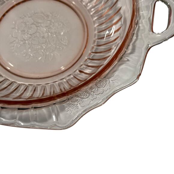 Vintage Pink Depression Glass Handled Bowl Floral Etched Centerpiece - Picture 7 of 16